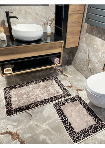 2'li Leoar Desen Banyo Paspası - Kahverengi Ebat (60X100 - 60X50)