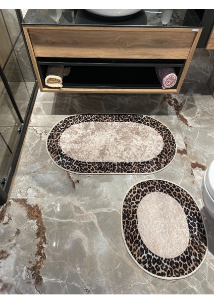 2 'li Leoar Desen Oval Banyo Paspası - Kahverengi Ebat (60X100 - 60X50)