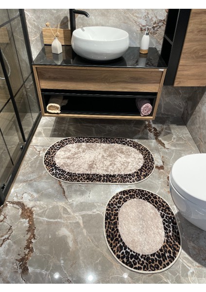 2 'li Leoar Desen Oval Banyo Paspası - Kahverengi Ebat (60X100 - 60X50)