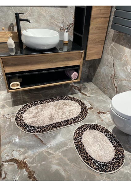 2 'li Leoar Desen Oval Banyo Paspası - Kahverengi Ebat (60X100 - 60X50)