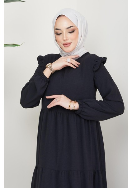 Omuzu Fırfırlı Ayrobin Tesettür Elbise Siyah
