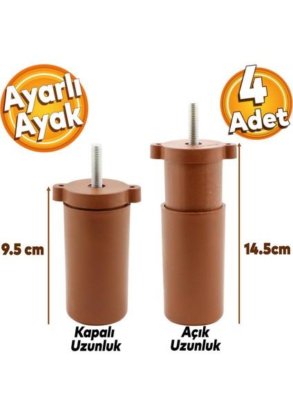 4 Adet) Ayarlanabilir 9.5 cm Kahverengi Mobilya Kanepe Baza Koltuk Vidalı Orta Ayarlı Destek Ayağı Ayakları