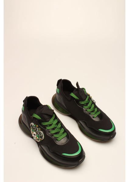 Es Siyah-Yeşil Taşlı Streç Kadın Spor