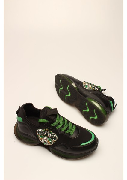 Es Siyah-Yeşil Taşlı Streç Kadın Spor fırsatları