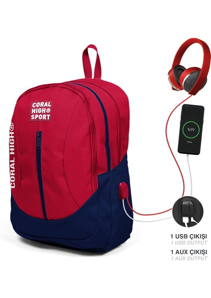 Coral High Sport Kırmızı Lacivert Dört Bölmeli USB Şarjlı Kulaklık Çıkışlı Sırt Çantası 23447