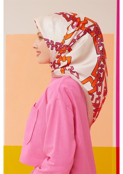 İpek Eşarp Twill 2022 Yaz Zincir detaylı Fuşya Turuncu Ekru