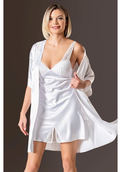 2524 Kadın Saten Sabahlıklı Gecelik Takım-Ekru