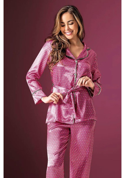 2190 Kadın Saten Uzun Kollu Pijama Takımı-Pembe