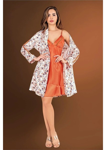 2540 Kadın Saten Sabahlıklı Gecelik Takım-Kiremit fiyatları