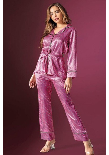 2190 Kadın Saten Uzun Kollu Pijama Takımı-Pembe