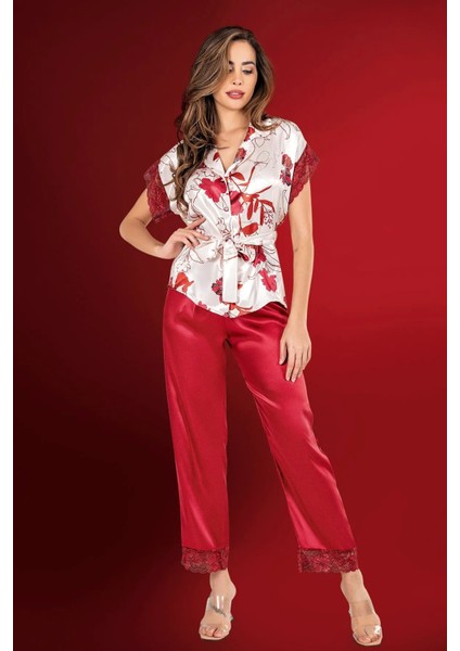 2020 Kadın Kısa Kollu Saten Pijama Takımı-Bordo