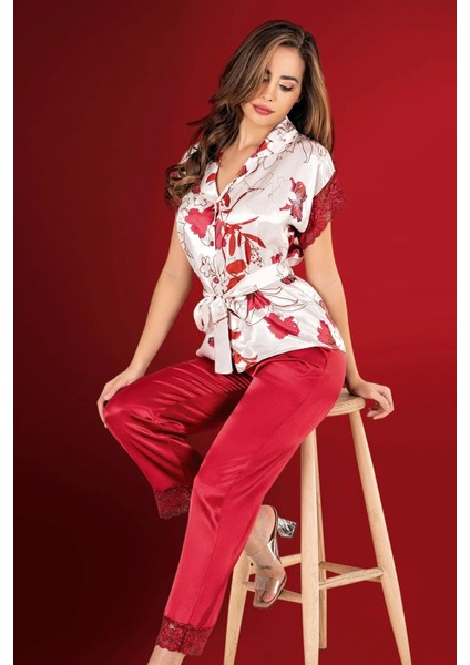 2020 Kadın Kısa Kollu Saten Pijama Takımı-Bordo fiyatları