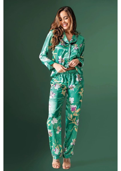 2210 Kadın Saten Uzun Kollu Pijama Takımı-Yeşil