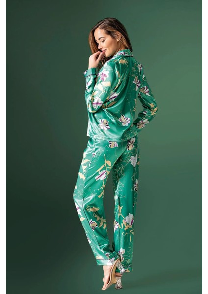 2210 Kadın Saten Uzun Kollu Pijama Takımı-Yeşil modelleri