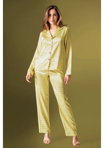 2200 Kadın Saten Uzun Kollu Pijama Takımı-Sarı fiyatları