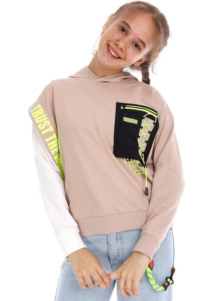 Kız Çocuk Cep ve Kol Detaylı Kapüşonlu Kısa Sweatshirt