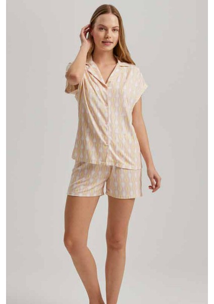 23547 Kadın Kısa Kollu Şortlu Pijama Takım-Pudra