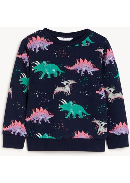 Dinozor Desenli Yuvarlak Yaka Sweatshirt