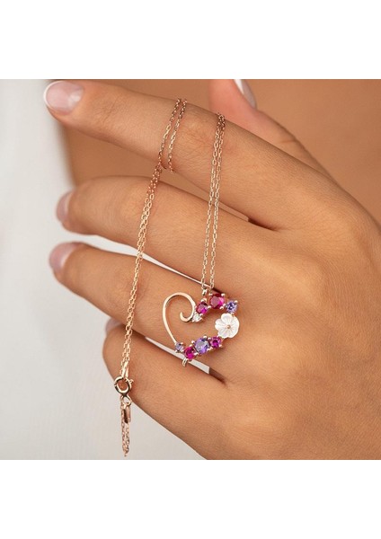 Renkli Taşlı Manolya Kalp Gümüş Kolye