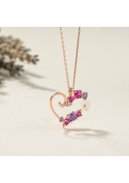 Renkli Taşlı Manolya Kalp Gümüş Kolye fiyatları