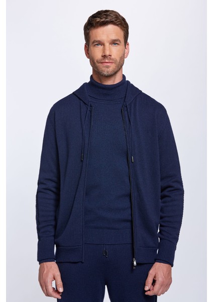 Kaşmir-Ipek Karışımlı Kapüşonlu Lacivert Spor Ceket