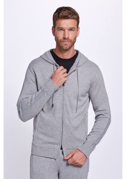 Kaşmir-Ipek Karışımlı Kapüşonlu Gri Spor Ceket