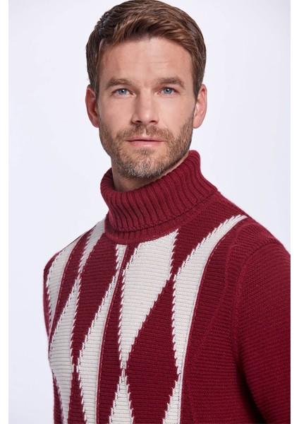 Baklava Desenli Boğazlı Saf Kaşmir Bordo Kazak modelleri