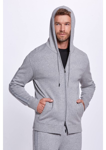 Kaşmir-Ipek Karışımlı Kapüşonlu Gri Spor Ceket modelleri