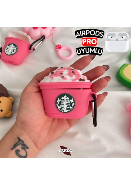 Airpods Pro Uyumlu Starbucks Figürlü Sevimli Kopçalı Koruyucu Silikon Kılıf, Darbe Emici Kılıf