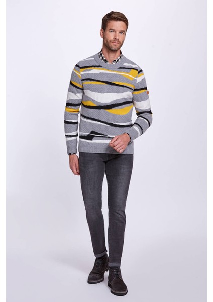 Çizgi Desenli Gri Kaşmir Yün Karışımlı Kazak fiyatları