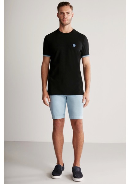 Nakış Logolu Pike Örgü Siyah Bisiklet Yaka T-Shirt