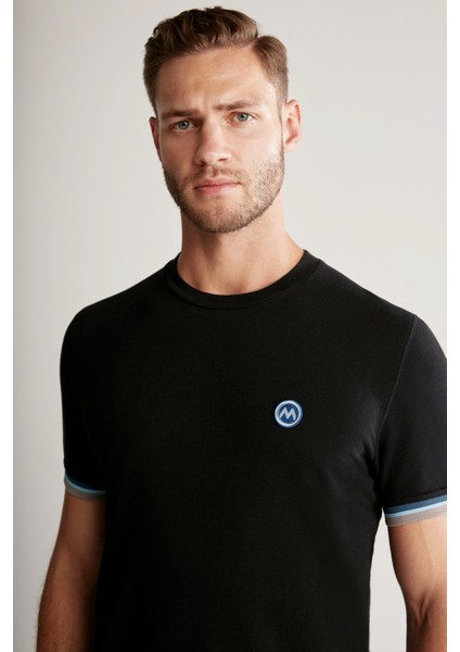 Nakış Logolu Pike Örgü Siyah Bisiklet Yaka T-Shirt