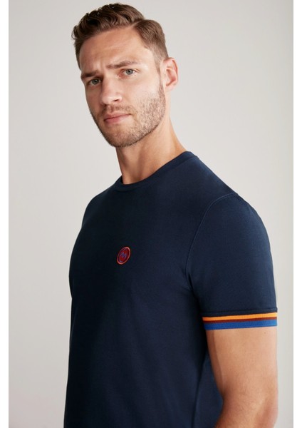Nakış Logolu Pike Örgü Lacivert Bisiklet Yaka T-Shirt