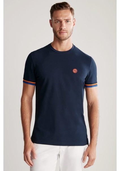 Nakış Logolu Pike Örgü Lacivert Bisiklet Yaka T-Shirt