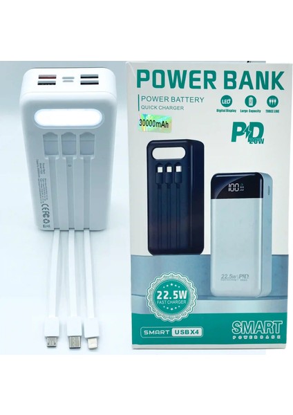 Pd 22.5W 30.000 Mah Dijital Göstergeli Kablolu Işıklı Powerbank P200