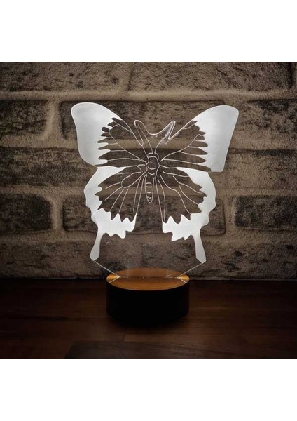 Kelebek LED Masa Lambası Ahşap Taban 7 Farklı Işık Renkli