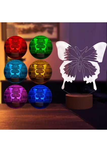 Kelebek LED Masa Lambası Ahşap Taban 7 Farklı Işık Renkli