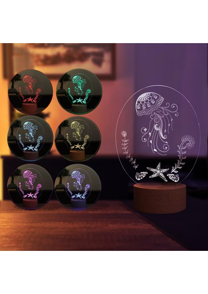 Denizanası LED Gece Lambası Ahşap Taban 7 Farklı Işık Renkli
