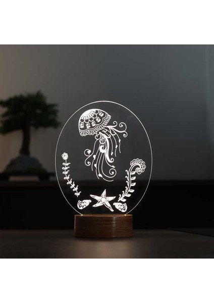 Denizanası LED Gece Lambası Ahşap Taban 7 Farklı Işık Renkli