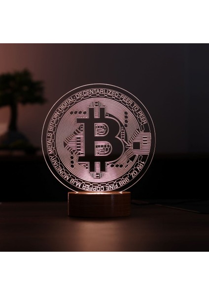 Bitcoin LED Masa Lambası Ahşap Taban 7 Farklı Işık Renkli