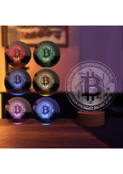 Bitcoin LED Masa Lambası Ahşap Taban 7 Farklı Işık Renkli