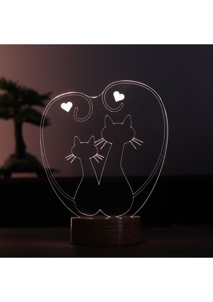 Kediler LED Masa Lambası Ahşap Taban 7 Farklı Işık Renkli