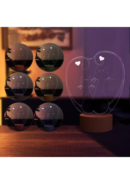 Kediler LED Masa Lambası Ahşap Taban 7 Farklı Işık Renkli