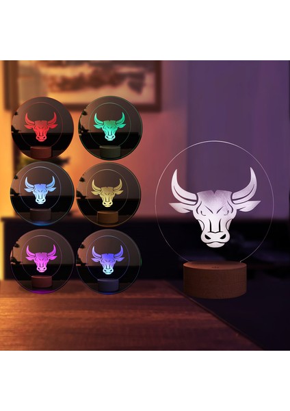 Boğa LED Masa Lambası Ahşap Taban 7 Farklı Işık Renkli