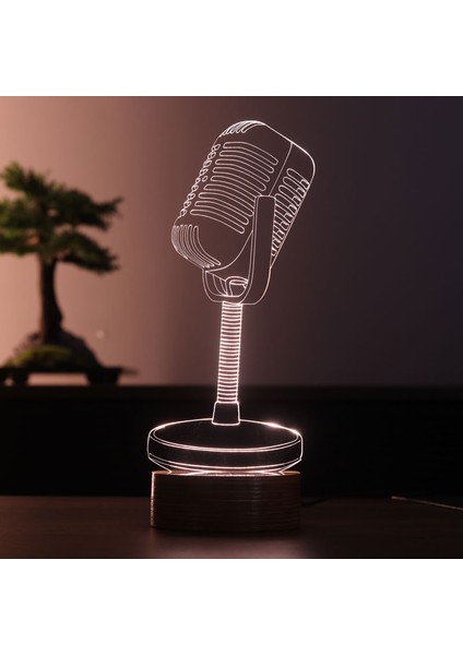 Mikrofon LED Masa Lambası Ahşap Taban 7 Farklı Işık Renkli