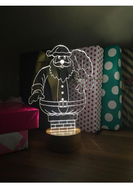 Noel Baba Baca Figürlü Dekoratif Hediye Led Masa Lambası | 7 Işık Rengi | Ahşap Taban