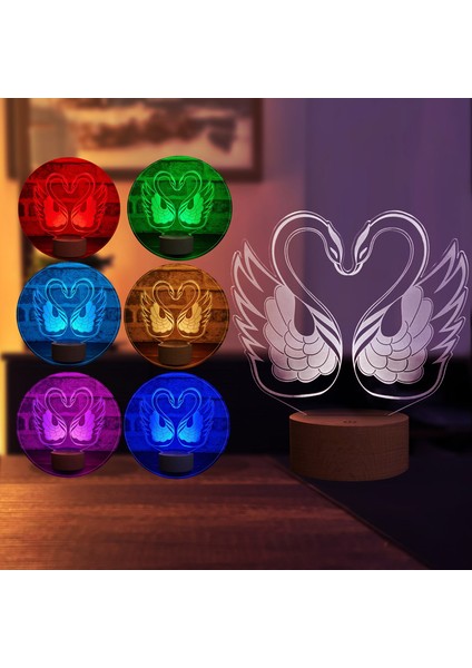 Kuğular LED Masa Lambası Ahşap Taban 7 Farklı Işık Renkli