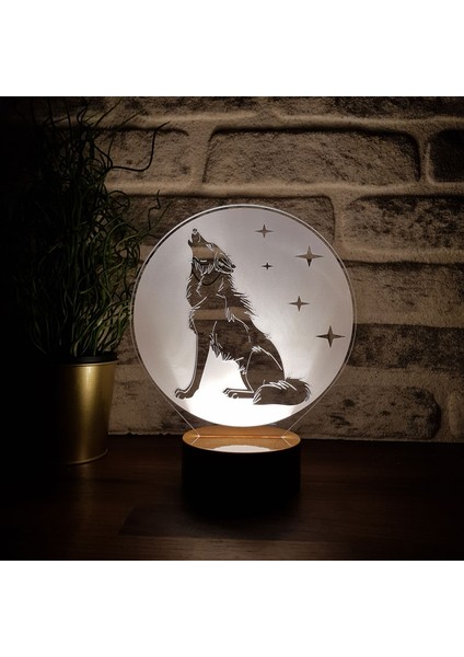 Kurt ve Yıldızlar LED Masa Lambası Ahşap Taban 7 Farklı Işık Renkli