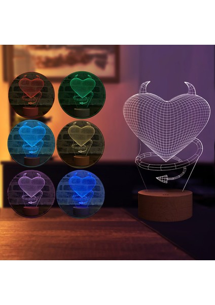 Devil Love LED Gece Lambası Ahşap Taban 7 Farklı Işık Renkli