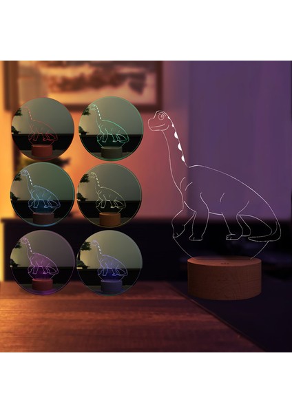 Dinozor LED Gece Lambası Ahşap Taban 7 Farklı Işık Renkli